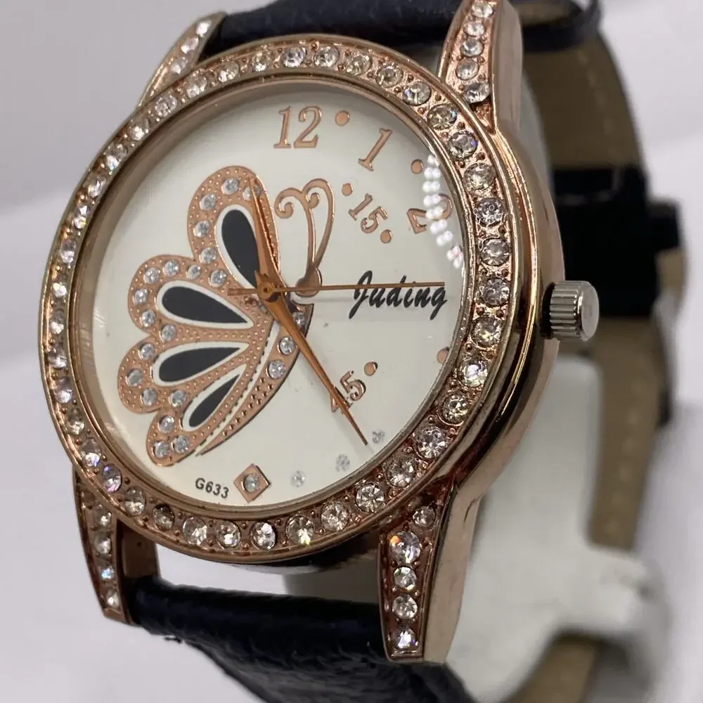 Womens Rose Gold Black Band Watch New Battery